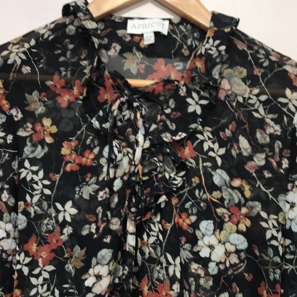 Apricot floral sheer ruffle cinched waist long sleeve blouse size Medium - Picture 2 of 11